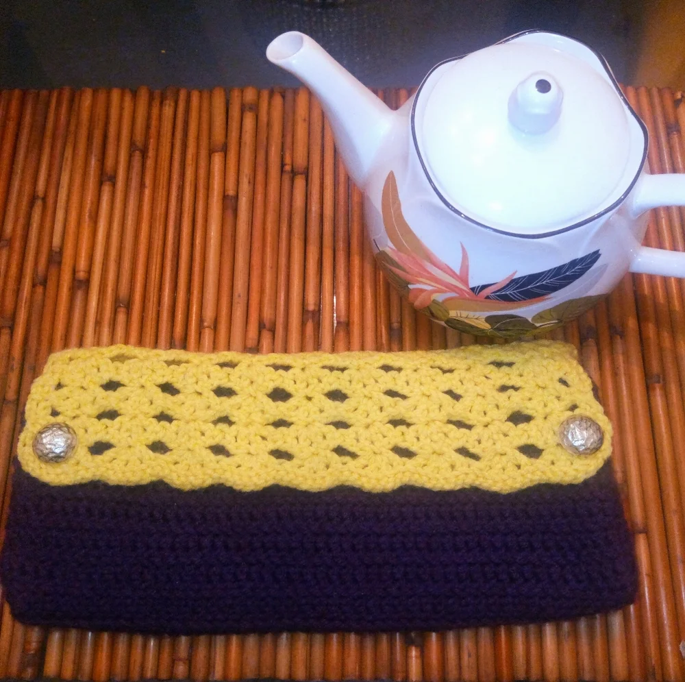 Handcrafted Crochet Clutch in Purple & Yellow with Pearlized Bead Buttons